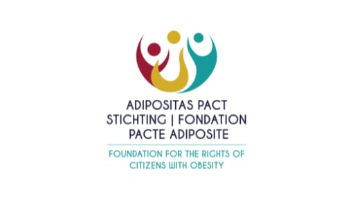 Logo of Adipositas Pact featuring three abstract human figures in red, yellow, and teal. Text: "Foundation for the Rights of Citizens with Obesity" in teal.