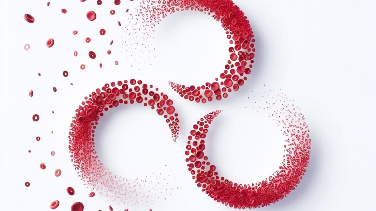 Three red crescent shapes formed by scattered red blood cells on a white background.