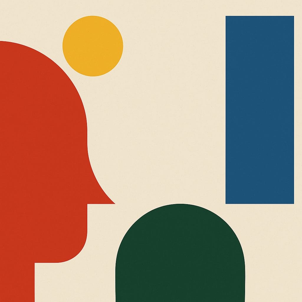 Abstract geometric shapes including a red silhouette, yellow circle, blue rectangle, and green rounded rectangle on a beige background.