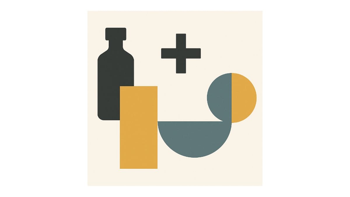 Abstract image featuring a medicine bottle, a plus sign, and geometric shapes in yellow, blue, and black on a light background.