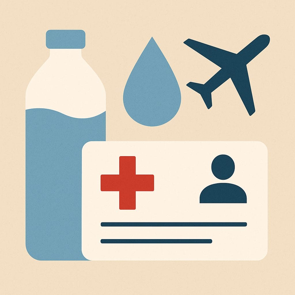 Illustration of a water bottle, water droplet, airplane, and medical ID card with a red cross and user icon on a beige background.