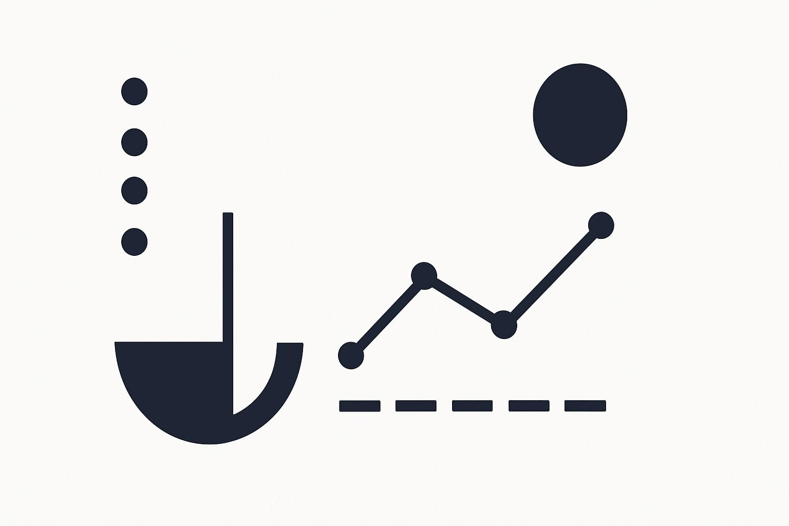 Minimalist graphic with geometric shapes: four vertical dots, a half-circle with a vertical line, a zigzag line chart with three nodes, a large circle, and four horizontal dashes.