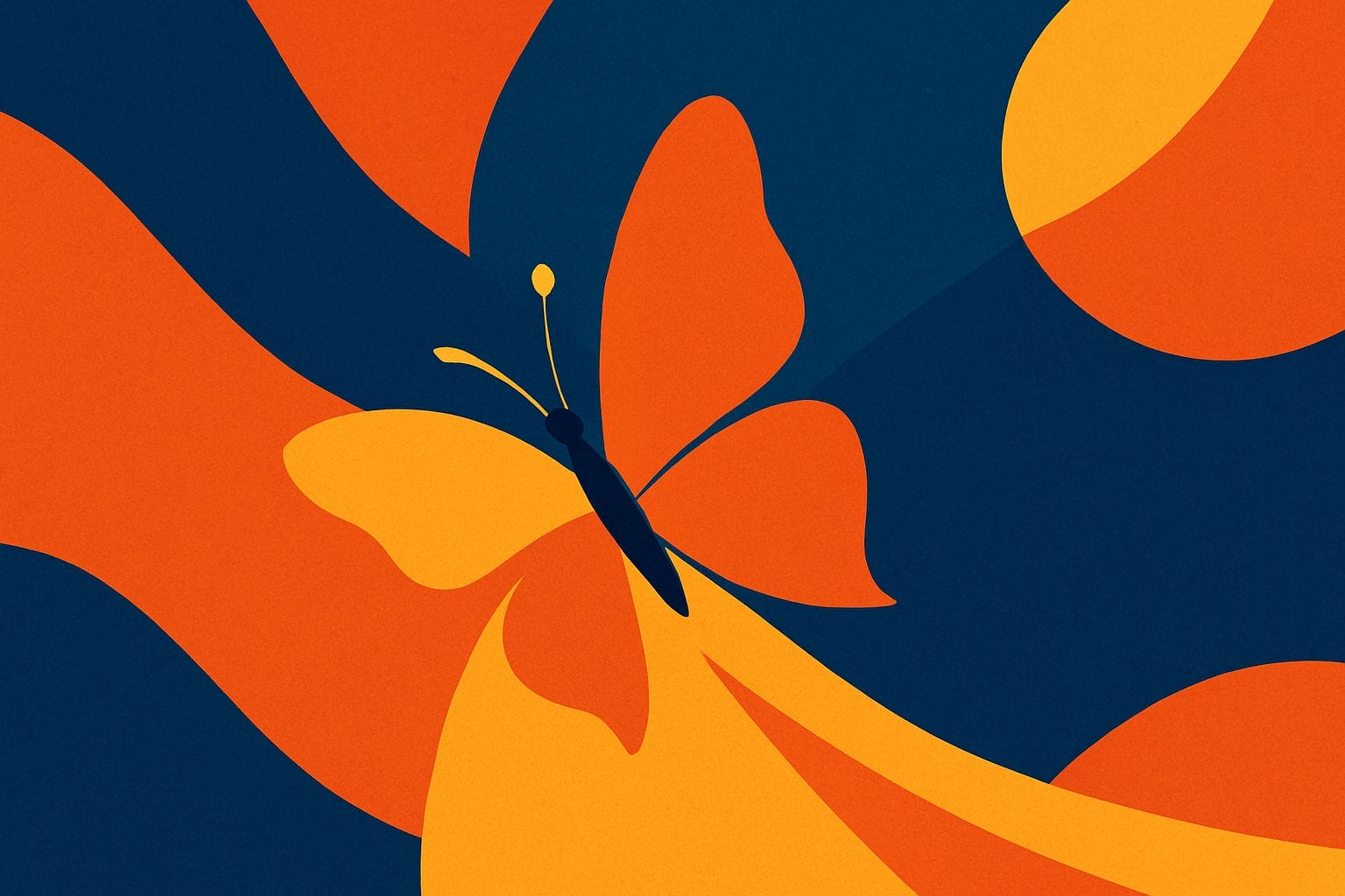 A stylized illustration of an orange butterfly with yellow and orange abstract shapes on a dark blue background.