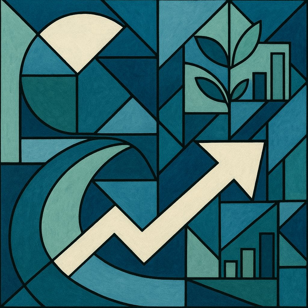 Abstract geometric illustration with a large upward arrow, bar charts, a plant, and various shapes in blue and green tones, symbolizing growth and progress.