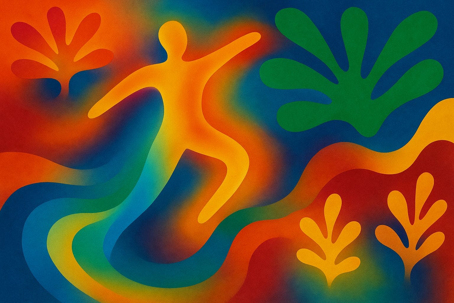 Abstract illustration of a human figure in warm colors surrounded by organic plant-like shapes and wavy lines in green, orange, red, and blue tones.